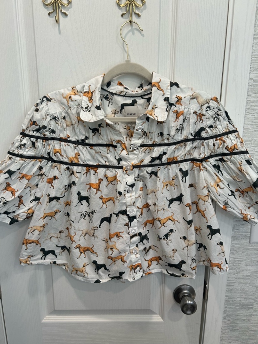 Anthropologie White Dog-Print Button Front Blouse - Picture 4 of 9